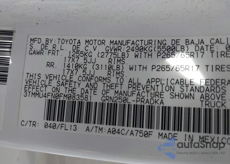2015 Toyota Tacoma Base V6 z USA, uszkodzony, nr VIN 3TMMU4FN0FM083581